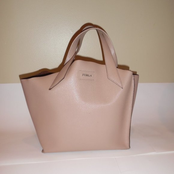 Furla Jucca Small Saffiano Beige Tan Leather Tote Logo Handbag Purse Bag - Picture 2 of 13